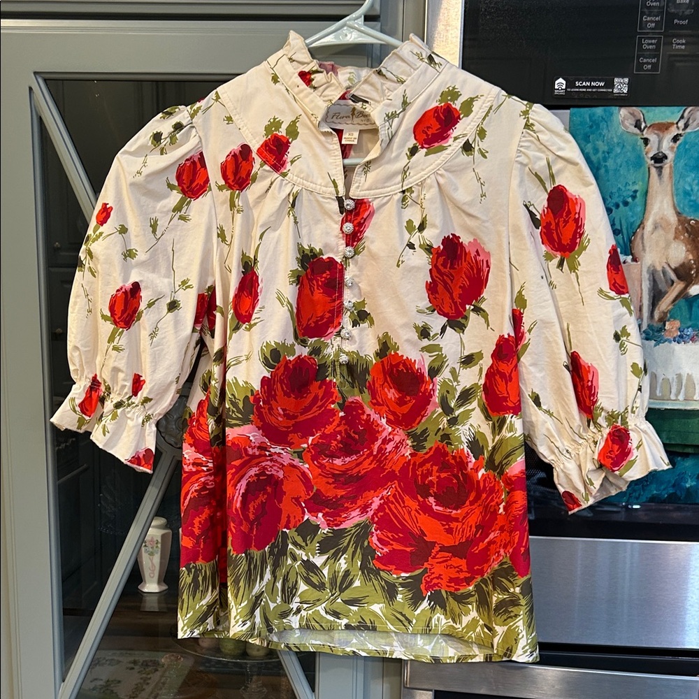 Flona Bea NY Floral Women's Top with Red Roses XS
